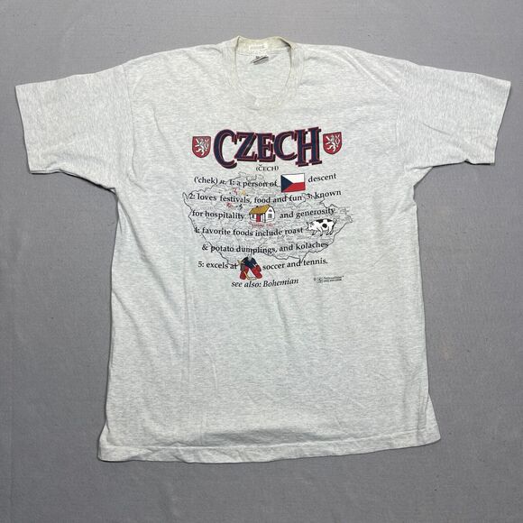Vintage Czech Republic Shirt Adult XXL Made in USA Gray Tee Wiki Single Stitch - Picture 1 of 14